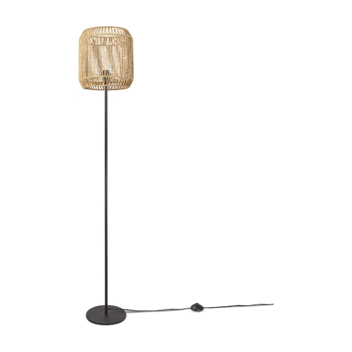 Stehlampe Modern Wohnzimmer Schlafzimmer Rattan Optik Boho Korb Stehleuchte E27 Lampenschirm Natur (Ø28 cm) Lampenfuß Einbeinig Schwarz